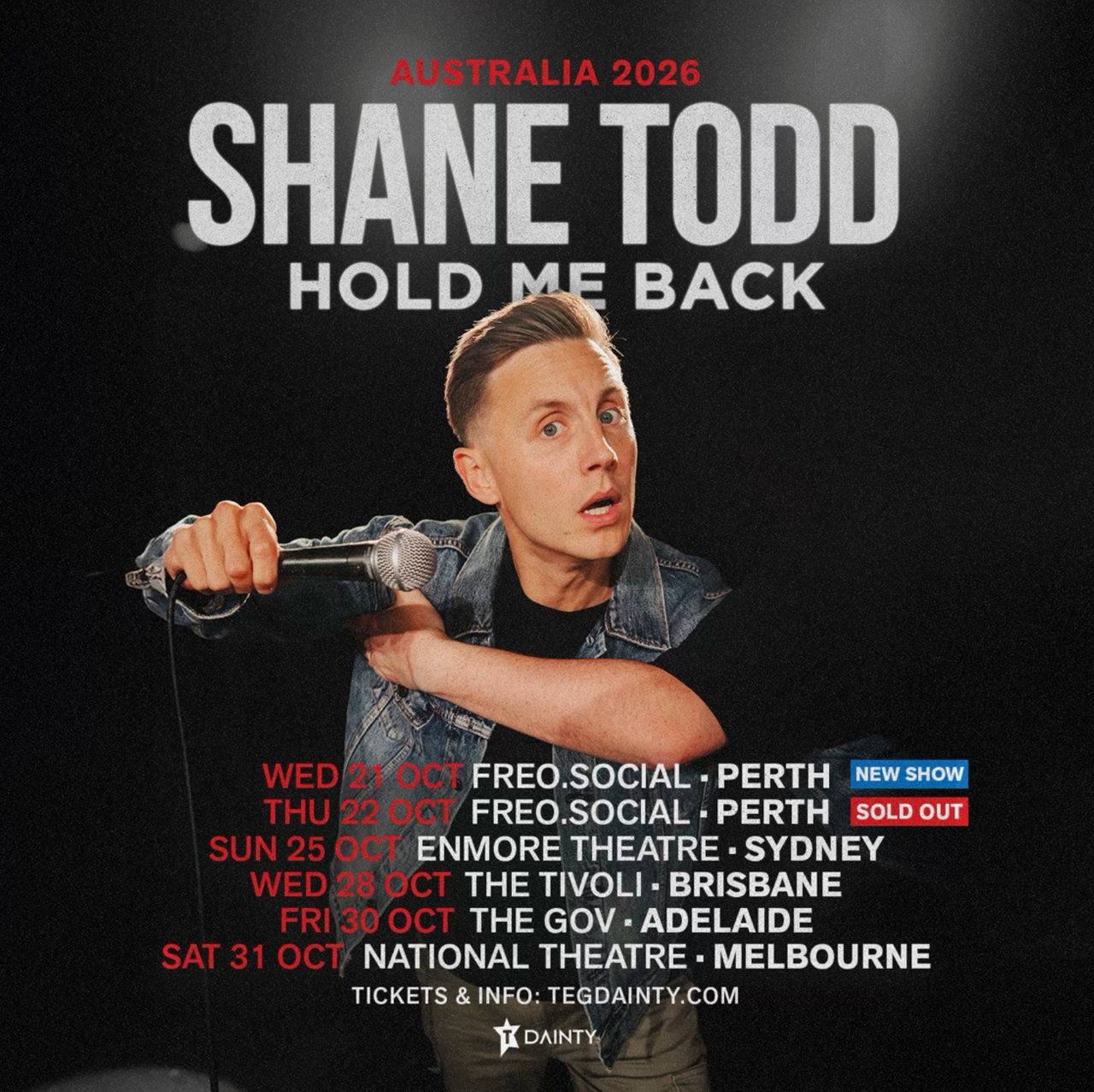 Shane Todd Hold Me Back comedy tour poster for Australia 2026, listing October dates, capital city venues, and ticket details